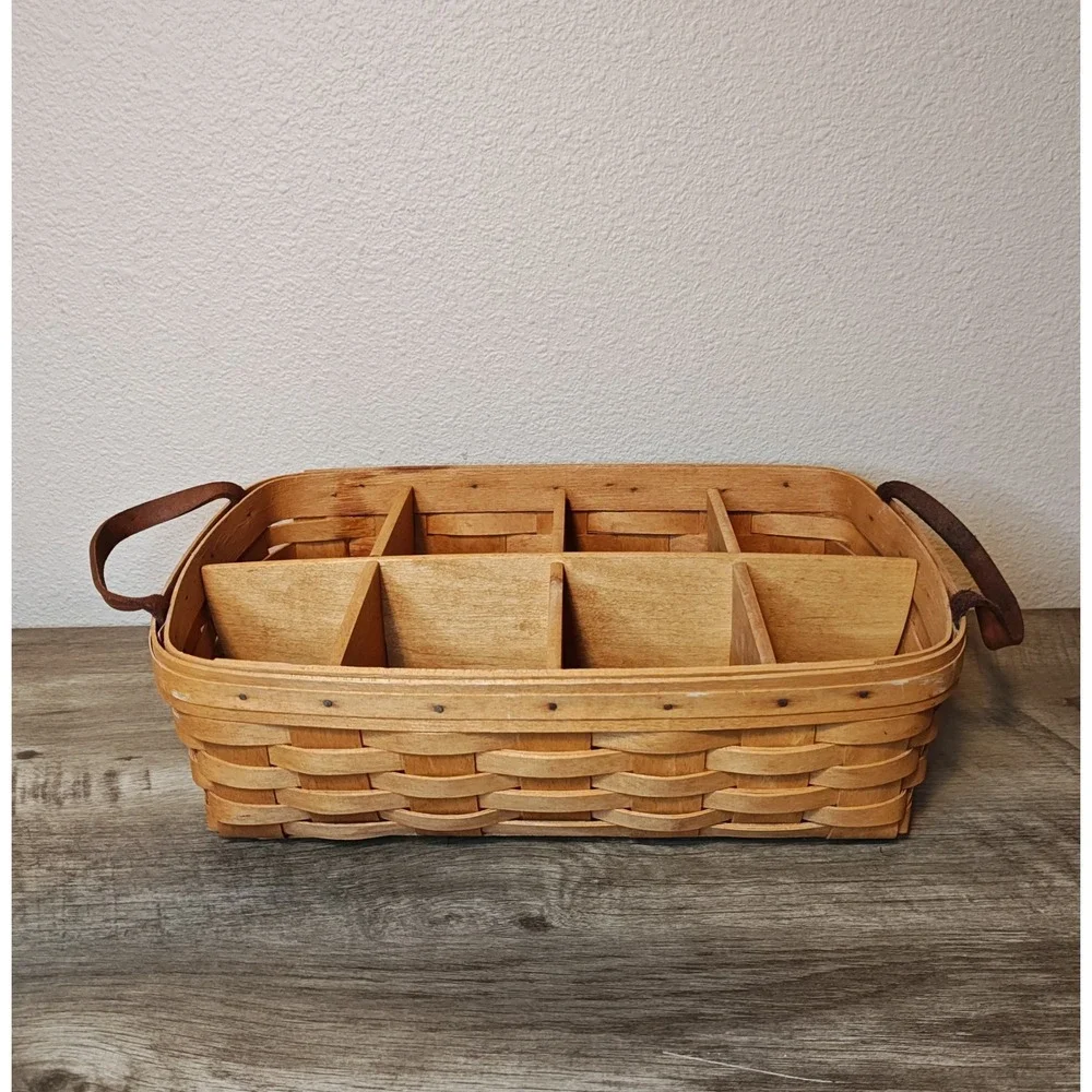 Longaberger 1995 Storage Solutions‎ Woven Wood Basket 8 Leather Handles Signed